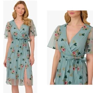 ADRIANA PAPELL Flutter Sleeve Surplice Embroidered Midi Dress In Slate Multi L